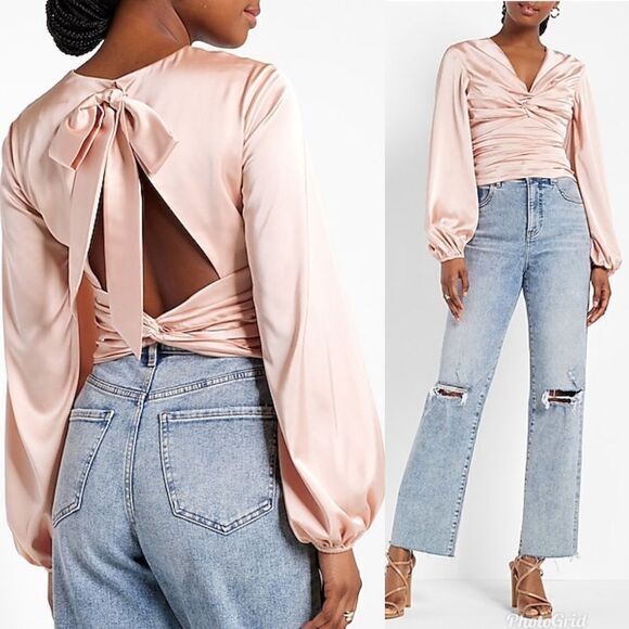 Express Twist Front Tie Back Top in Pale Pink - Picture 2 of 7